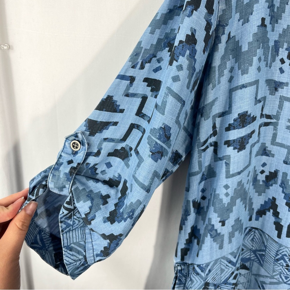 Soft Surroundings Blue Aztec Pattern Roll Tab Sleeve Relaxed Popover Tunic Shirt - Picture 2 of 6